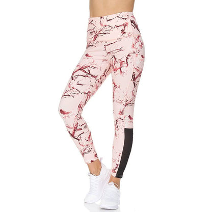 Women's 7/8 Highwaist Marble Leggings with Sheer Mesh Panel and Pockets