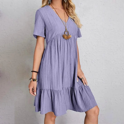 Women's Casual Dress Ruffle V Neck Midi Shift Dress