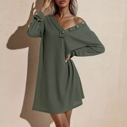 Women's Casual Dresses V-Neck Buttoned Hip Knitted Dresses