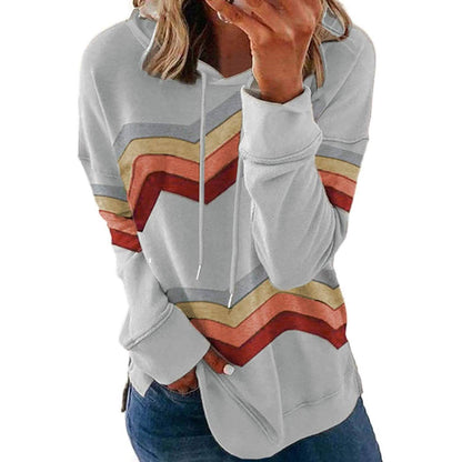 Womens Casual Hoodie Striped Printed Sweatshirts Long Sleeve Drawstring Pullover
