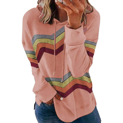 Womens Casual Hoodie Striped Printed Sweatshirts Long Sleeve Drawstring Pullover