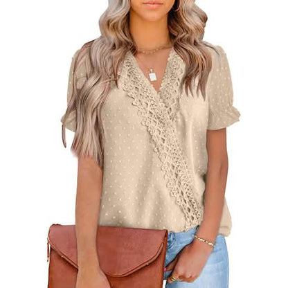 Women's Casual Lace Pom Pom V Neck Chiffon Short Sleeve Top
