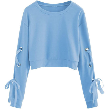 Women's Casual Lace-Up Long-Sleeved Pullover Crop Top Sweatshirt