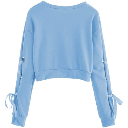 Women's Casual Lace-Up Long-Sleeved Pullover Crop Top Sweatshirt