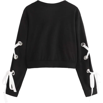 Women's Casual Lace-Up Long-Sleeved Pullover Crop Top Sweatshirt