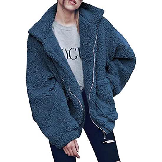 Women's Casual Lapel Fleece Fuzzy Faux Shearling Zipper Coat