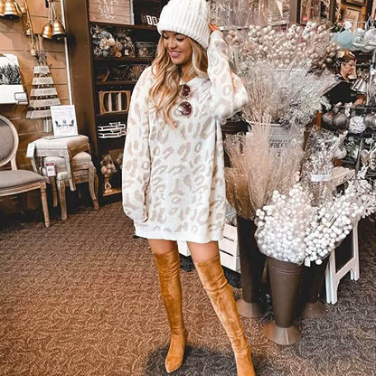 Women’s Casual Leopard Print Long Sleeve Crew Neck Knitted Oversized Pullover Sweaters Tops