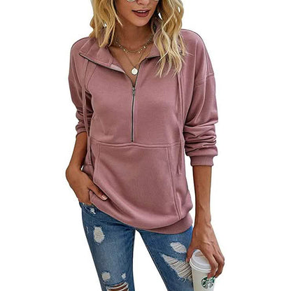 Women's Casual Long Sleeve Lapel Zipper Drawstring Loose Pullover Tops