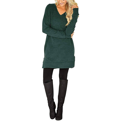 Womens Casual Long Sleeves Solid V-Neck Tunics Shirt Tops with Pockets
