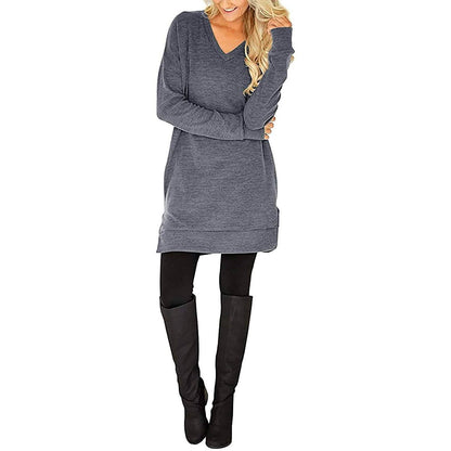 Womens Casual Long Sleeves Solid V-Neck Tunics Shirt Tops with Pockets