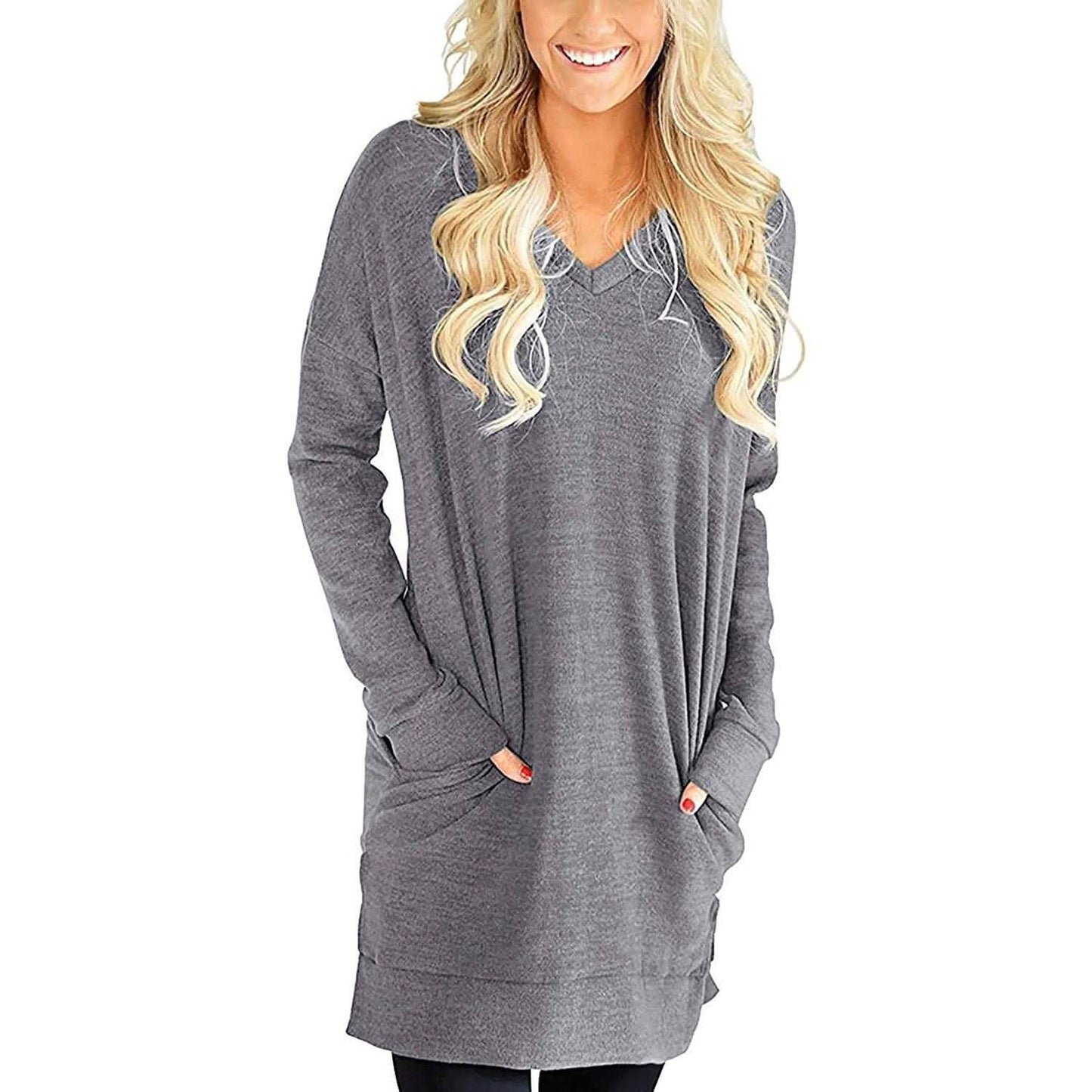 Womens Casual Long Sleeves Solid V-Neck Tunics Shirt Tops with Pockets