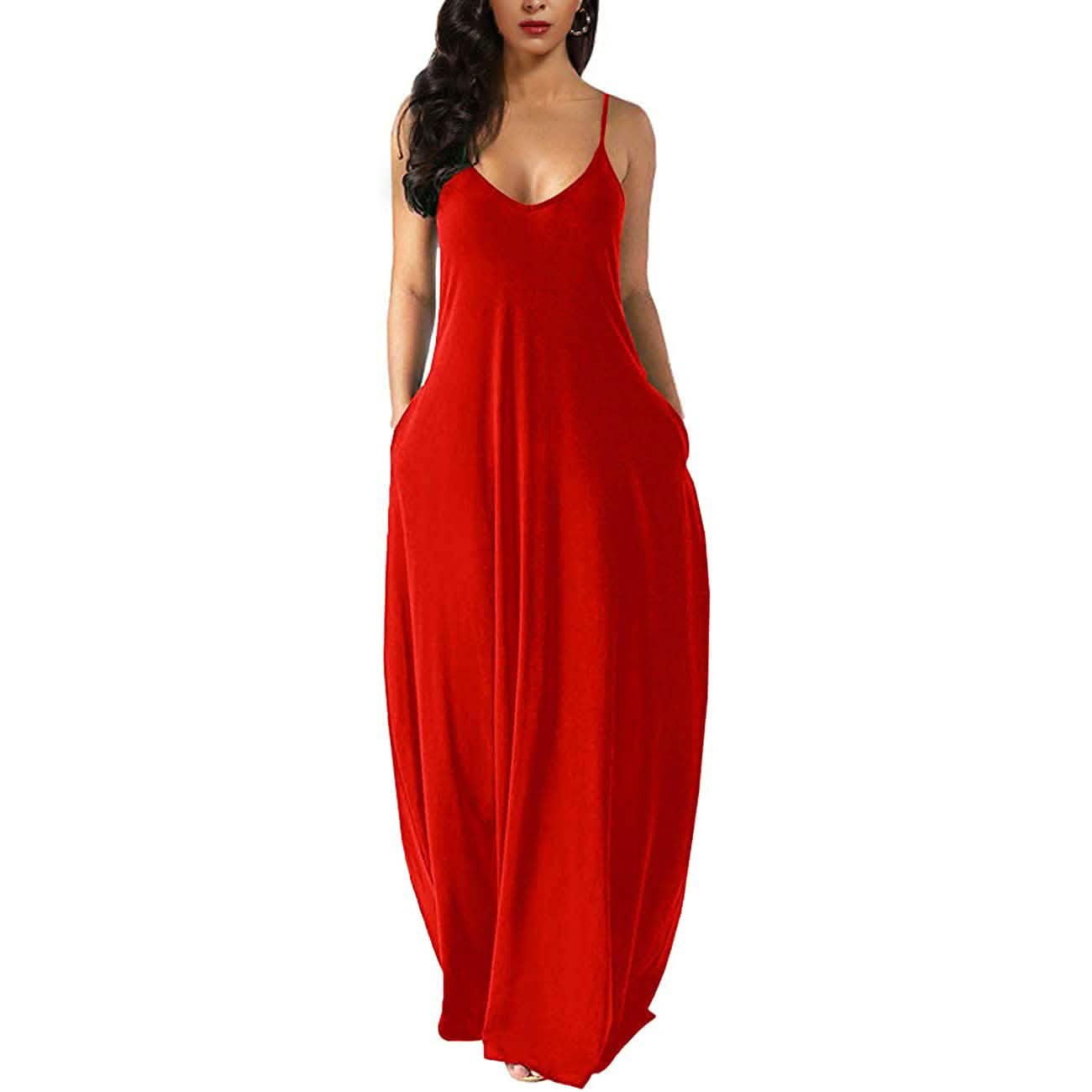 Womens Casual Sleeveless Plus Size Loose Plain Long Maxi Dress with Pockets