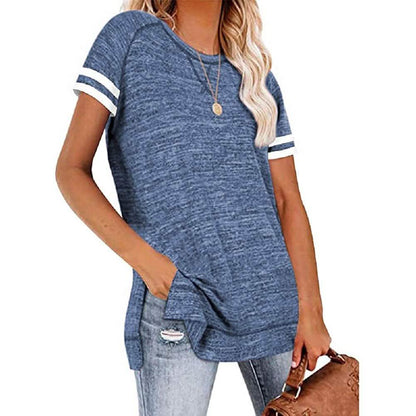 Womens Casual Tunic Tops Short Sleeve Crewneck Side Split Color Block T-Shirt