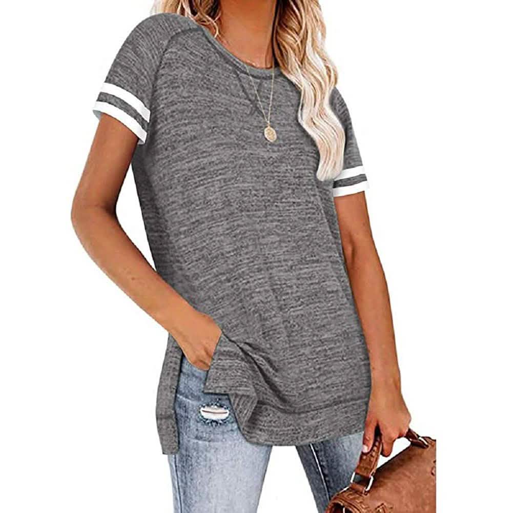 Womens Casual Tunic Tops Short Sleeve Crewneck Side Split Color Block T-Shirt
