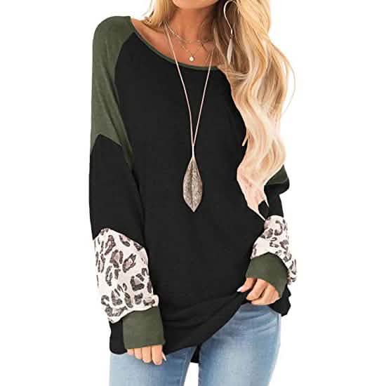 Womens Color Block Pullover Leopard Print Sweatshirt