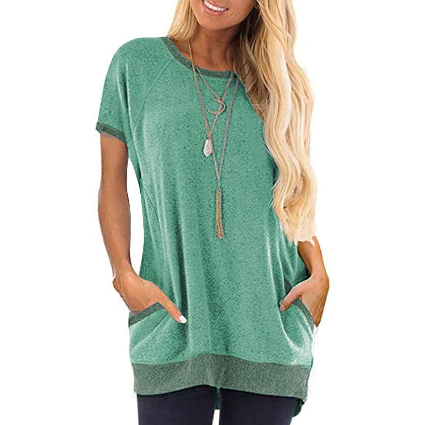 Women's Color Block Short Sleeve Lightweight Knit Sweatshirts with Pockets