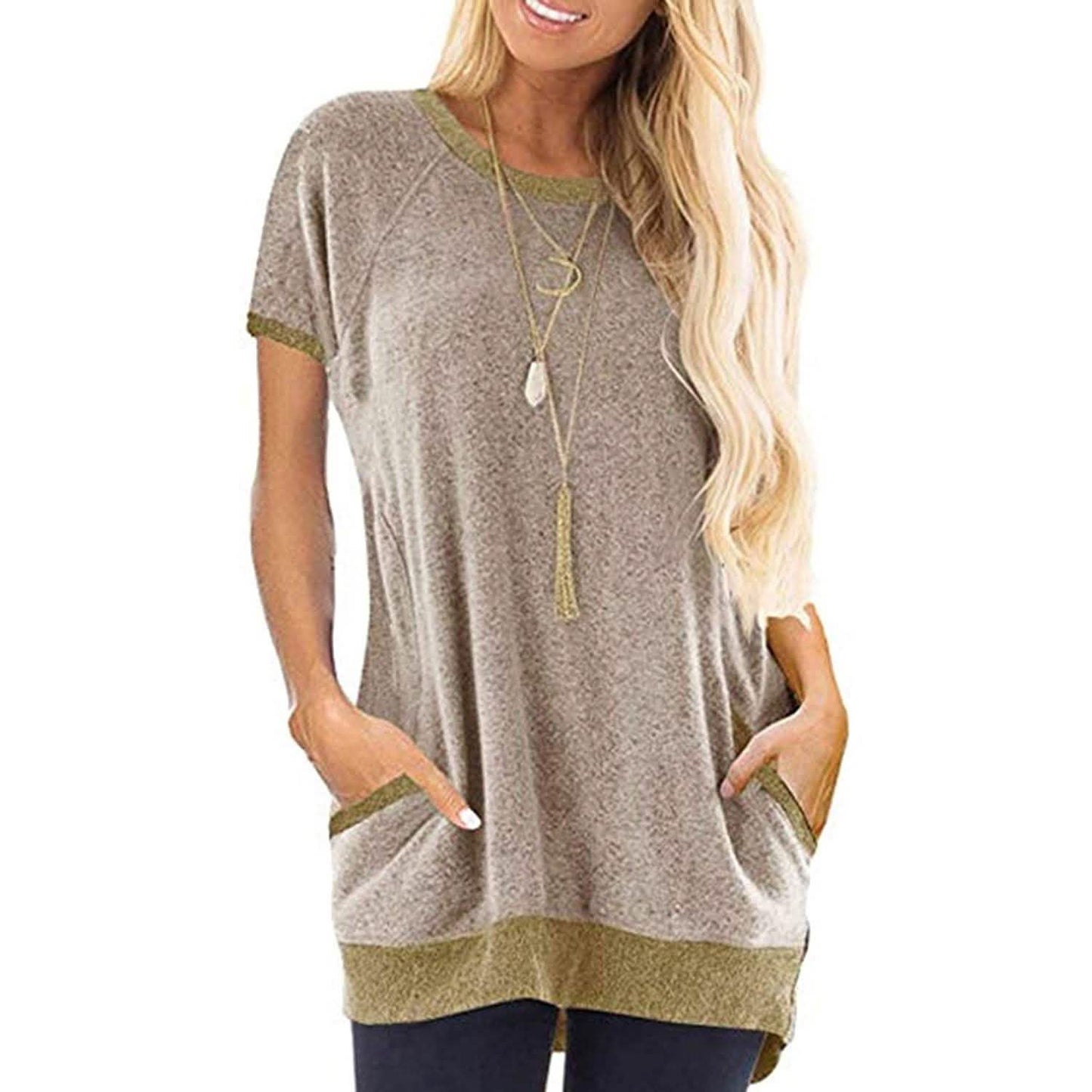 Women's Color Block Short Sleeve Lightweight Knit Sweatshirts with Pockets