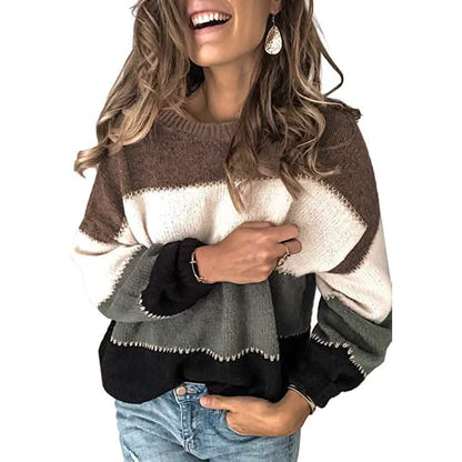 Women's Crewneck Patchwork Pullover Knit Sweater Top