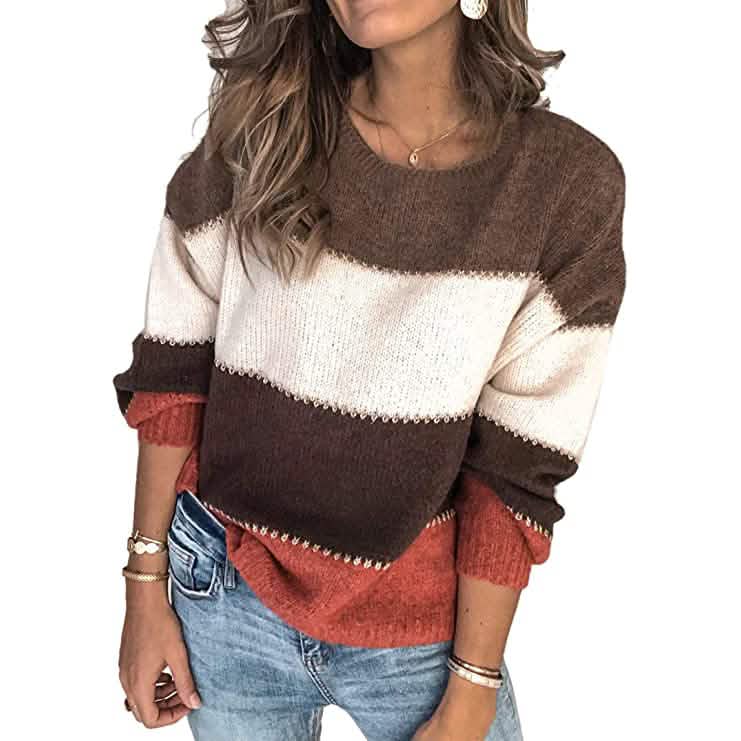 Women's Crewneck Patchwork Pullover Knit Sweater Top