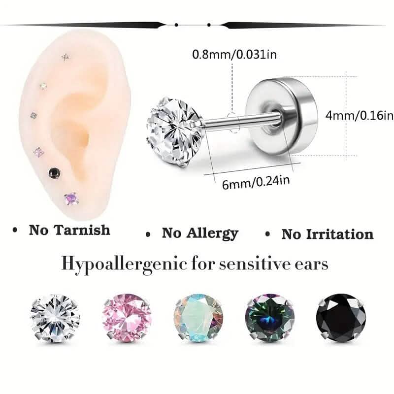 Women's Cubic Zirconia Surgical Stainless Steel Flat Back Earrings
