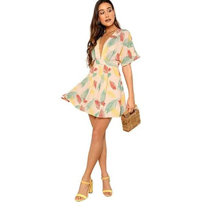 Women's Ditsy Floral Plunge Neck Knot Front A Line Short Dress
