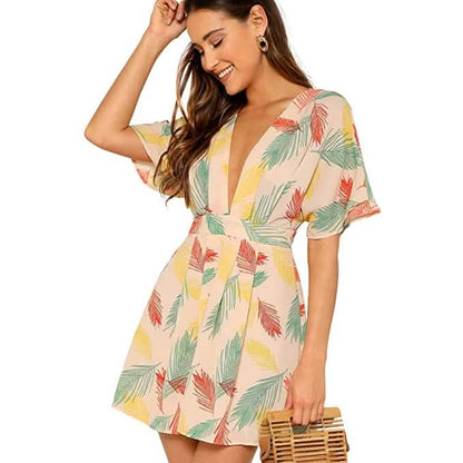 Women's Ditsy Floral Plunge Neck Knot Front A Line Short Dress