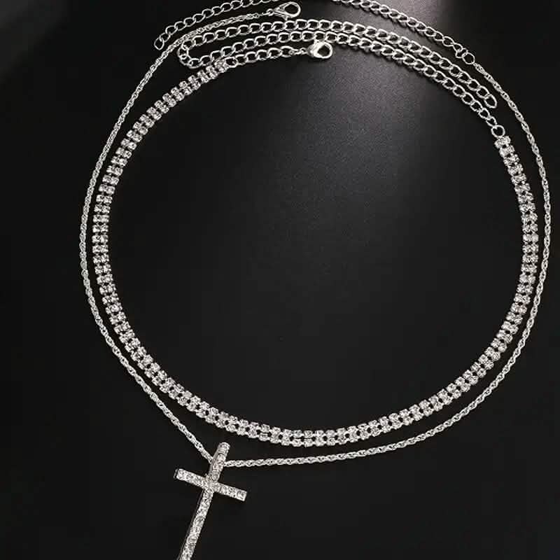 Women's Double Layer Artificial Crystal Cross Pendant Necklace