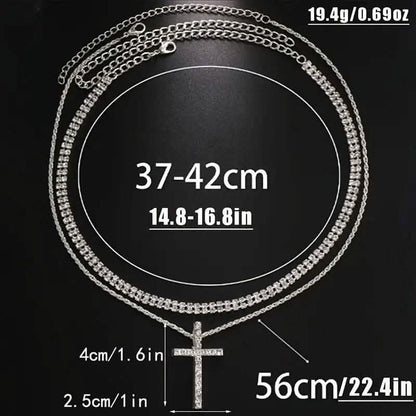 Women's Double Layer Artificial Crystal Cross Pendant Necklace