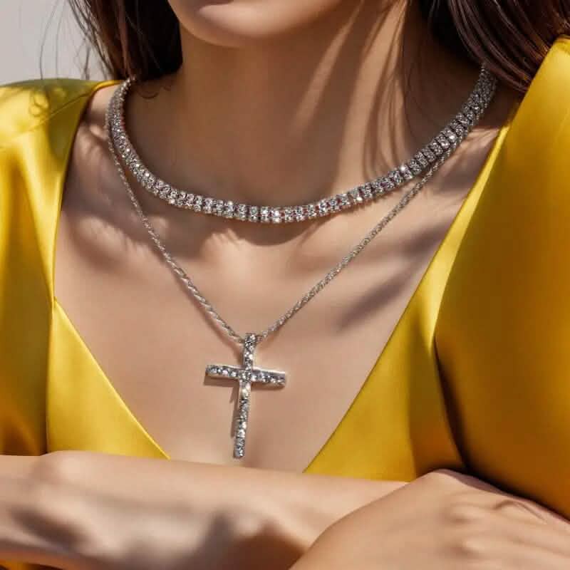 Women's Double Layer Artificial Crystal Cross Pendant Necklace