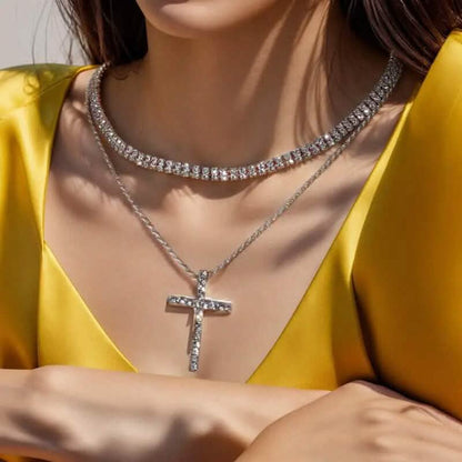 Women's Double Layer Artificial Crystal Cross Pendant Necklace