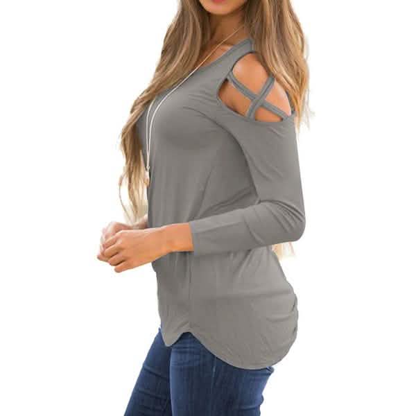 Womens Fashion Casual Loose Tunic Long Sleeved Shoulder Shirt