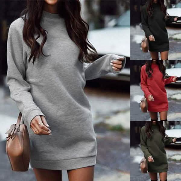 Women’s Fashion Solid Color Round Neck Cotton Pullover Dress