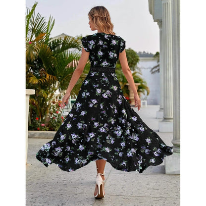 Women's Full Body Floral Print High Low Hem A-Line Dress