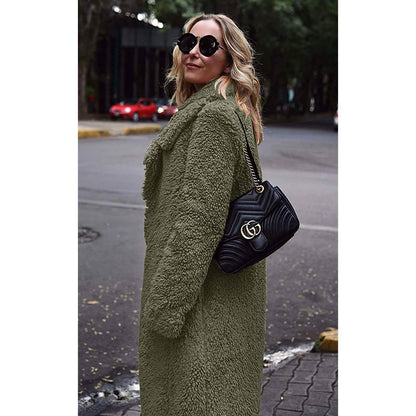 Women's Fuzzy Fleece Lapel Open Front Long Cardigan Coat