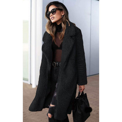 Women's Fuzzy Fleece Lapel Open Front Long Cardigan Coat