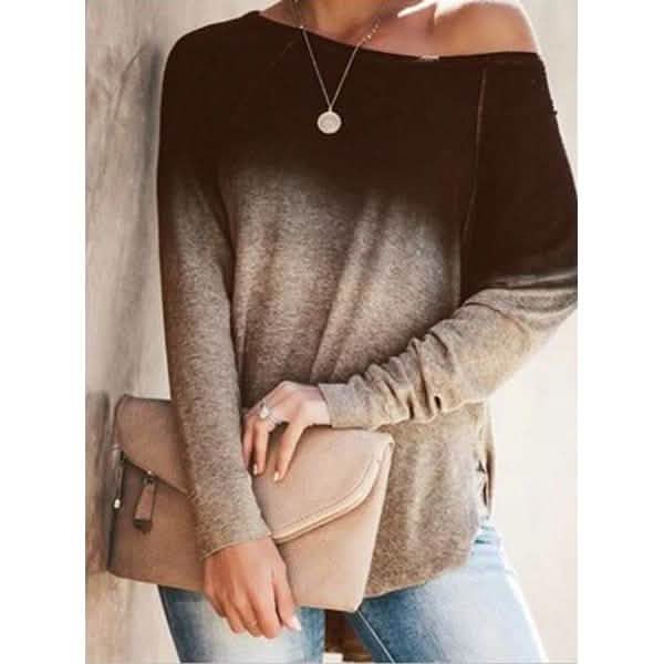 Womens Gradient Color O-neck Long Sleeves