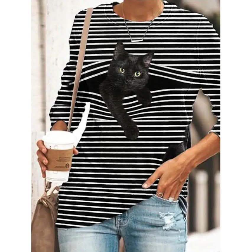 Women's Halloween Tunic T shirt Striped Cat 3D Cartoon Long Sleeve Print Round Neck