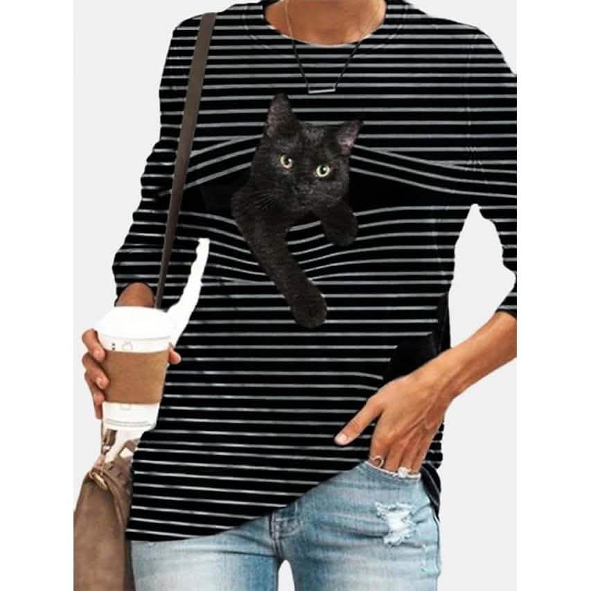 Women's Halloween Tunic T shirt Striped Cat 3D Cartoon Long Sleeve Print Round Neck