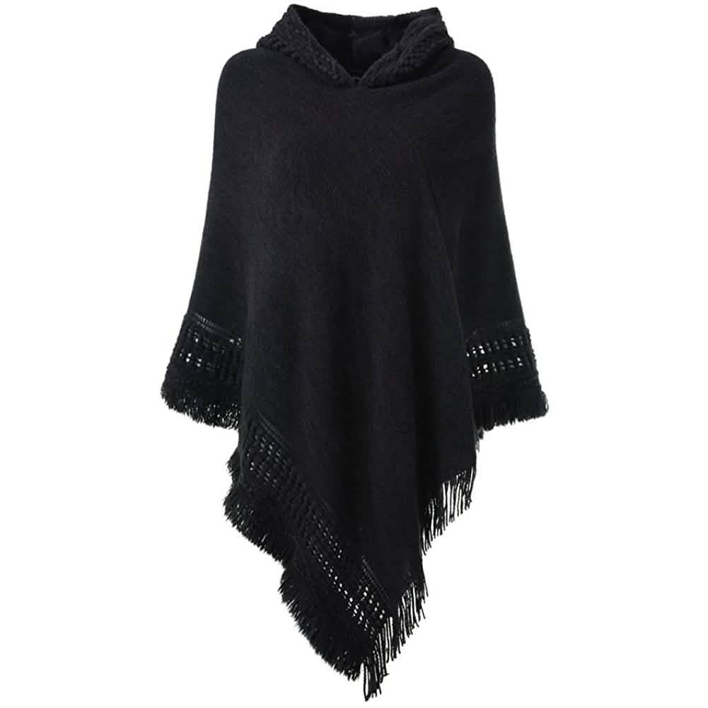 Womens Hooded Cape with Fringed Hem, Crochet Poncho Knitting Patterns