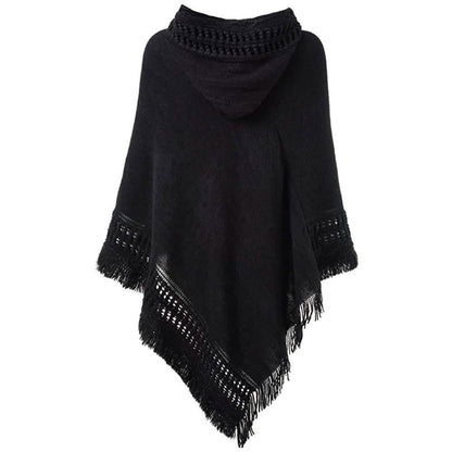 Womens Hooded Cape with Fringed Hem, Crochet Poncho Knitting Patterns