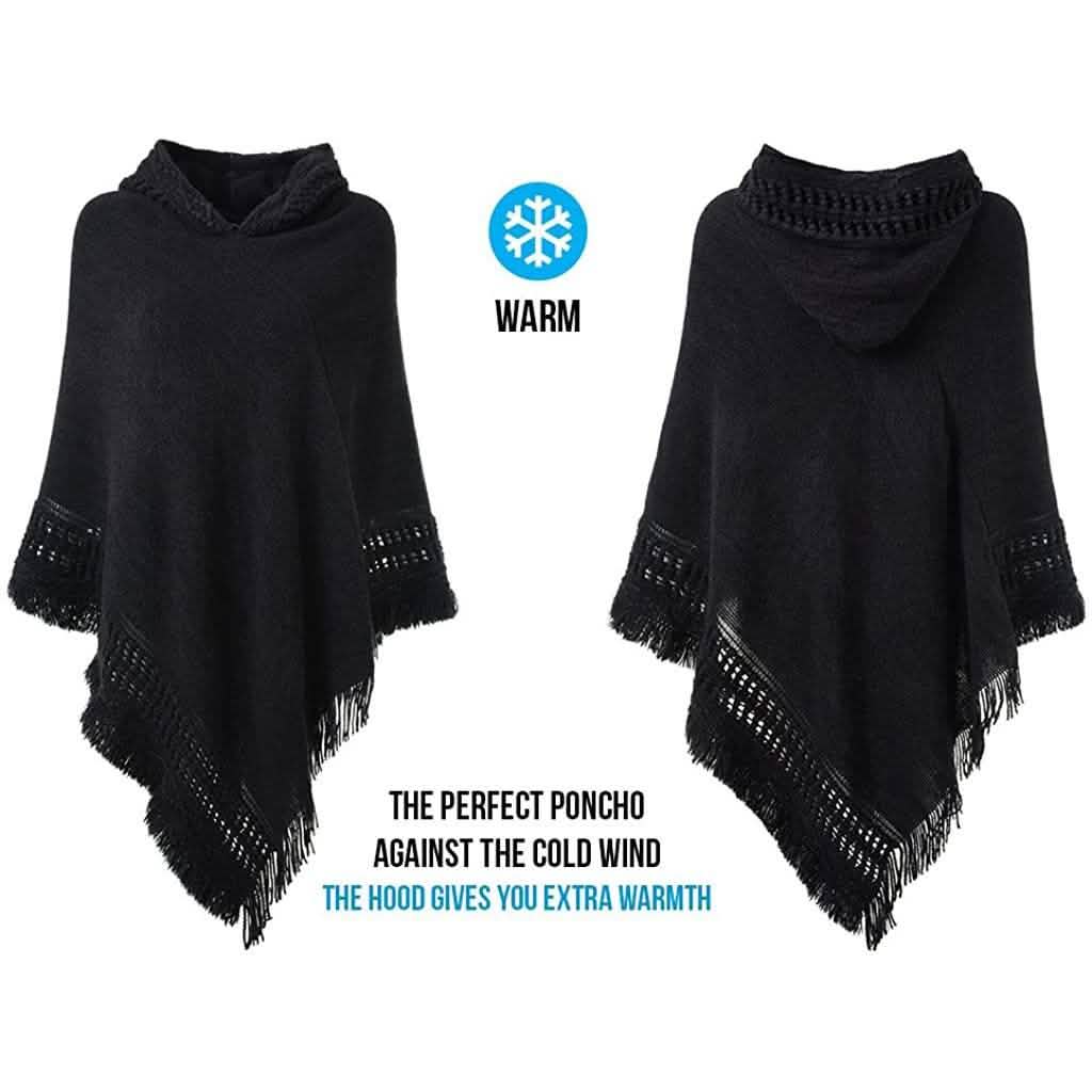 Womens Hooded Cape with Fringed Hem, Crochet Poncho Knitting Patterns