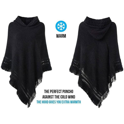 Womens Hooded Cape with Fringed Hem, Crochet Poncho Knitting Patterns