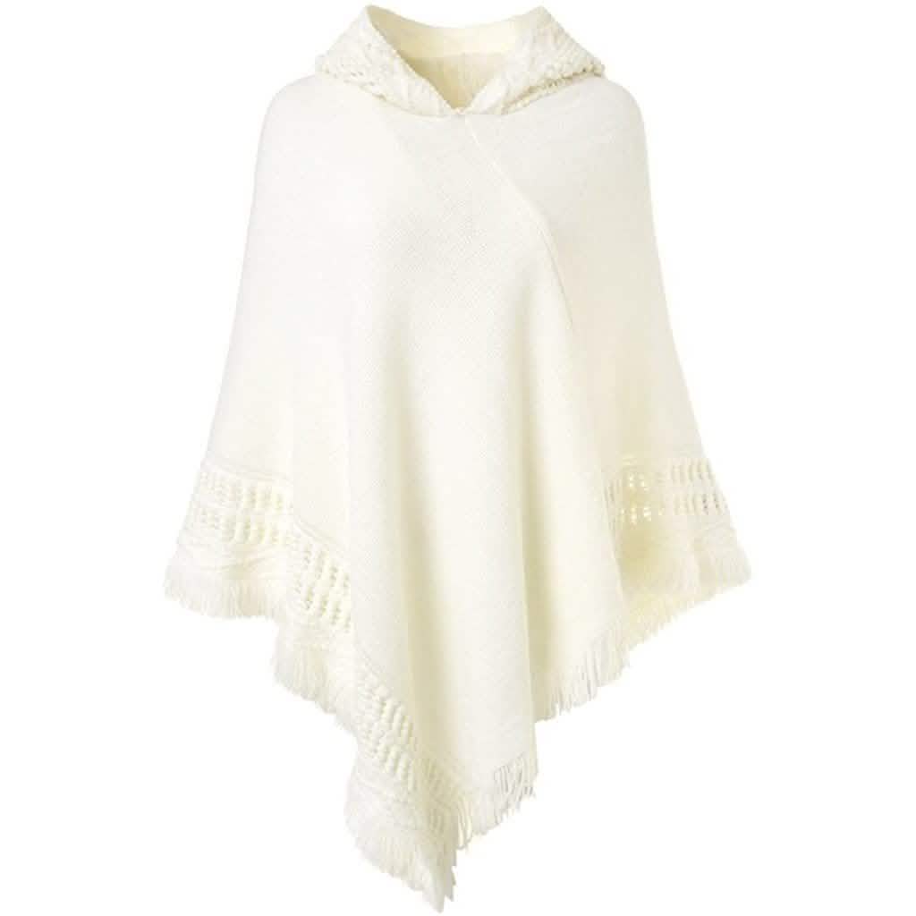 Womens Hooded Cape with Fringed Hem, Crochet Poncho Knitting Patterns