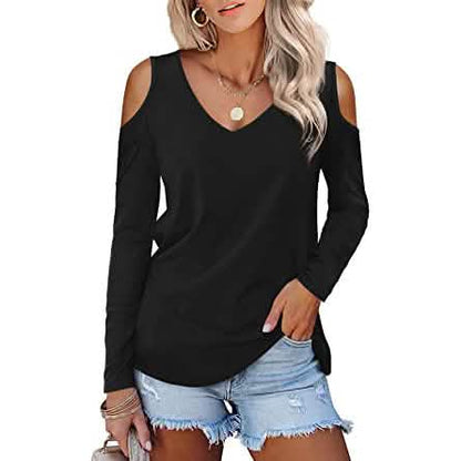 Womens Long Sleeve Cold Shoulder Basic Tee Tops Shirts