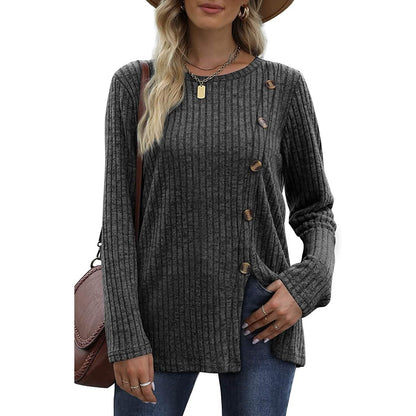 Women's Long Sleeve Crew Neck Tunic Tops Buttons Side