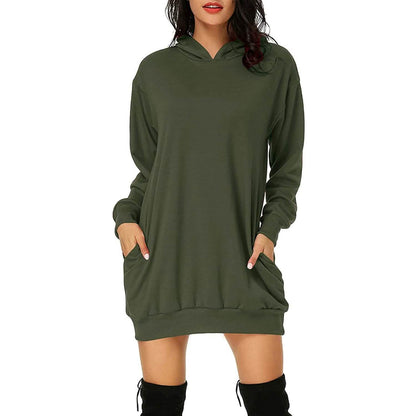 Women's Long Sleeve Hooded Pockets Pullover Hoodie Dress Tunic Sweatshirt
