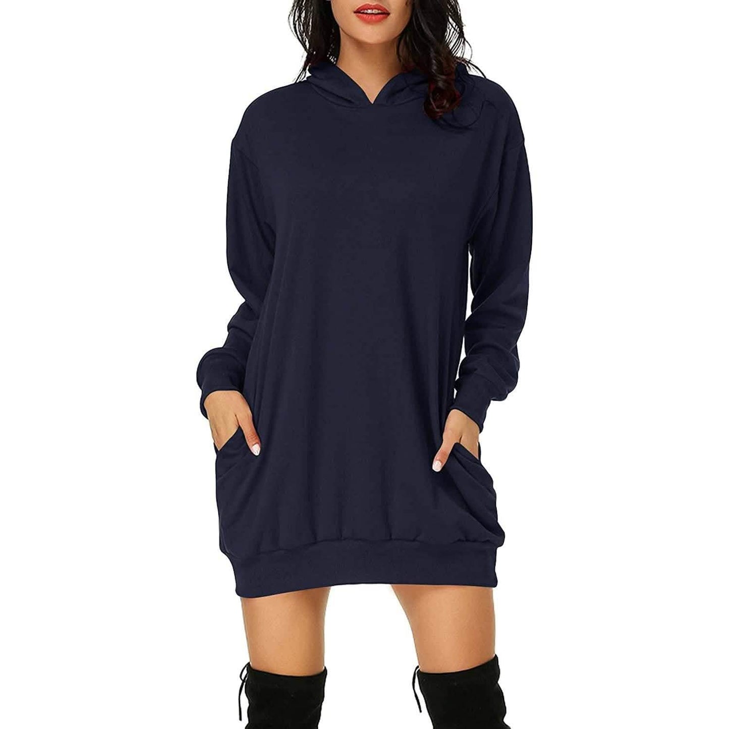 Women's Long Sleeve Hooded Pockets Pullover Hoodie Dress Tunic Sweatshirt