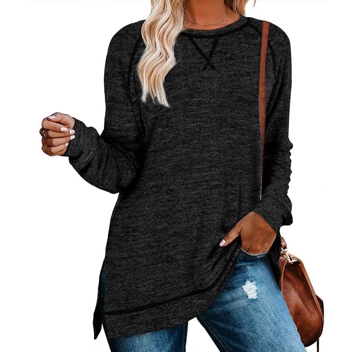 Women's Long Sleeve Loose Casual Autumn Pullover Side Slit Tunic Top