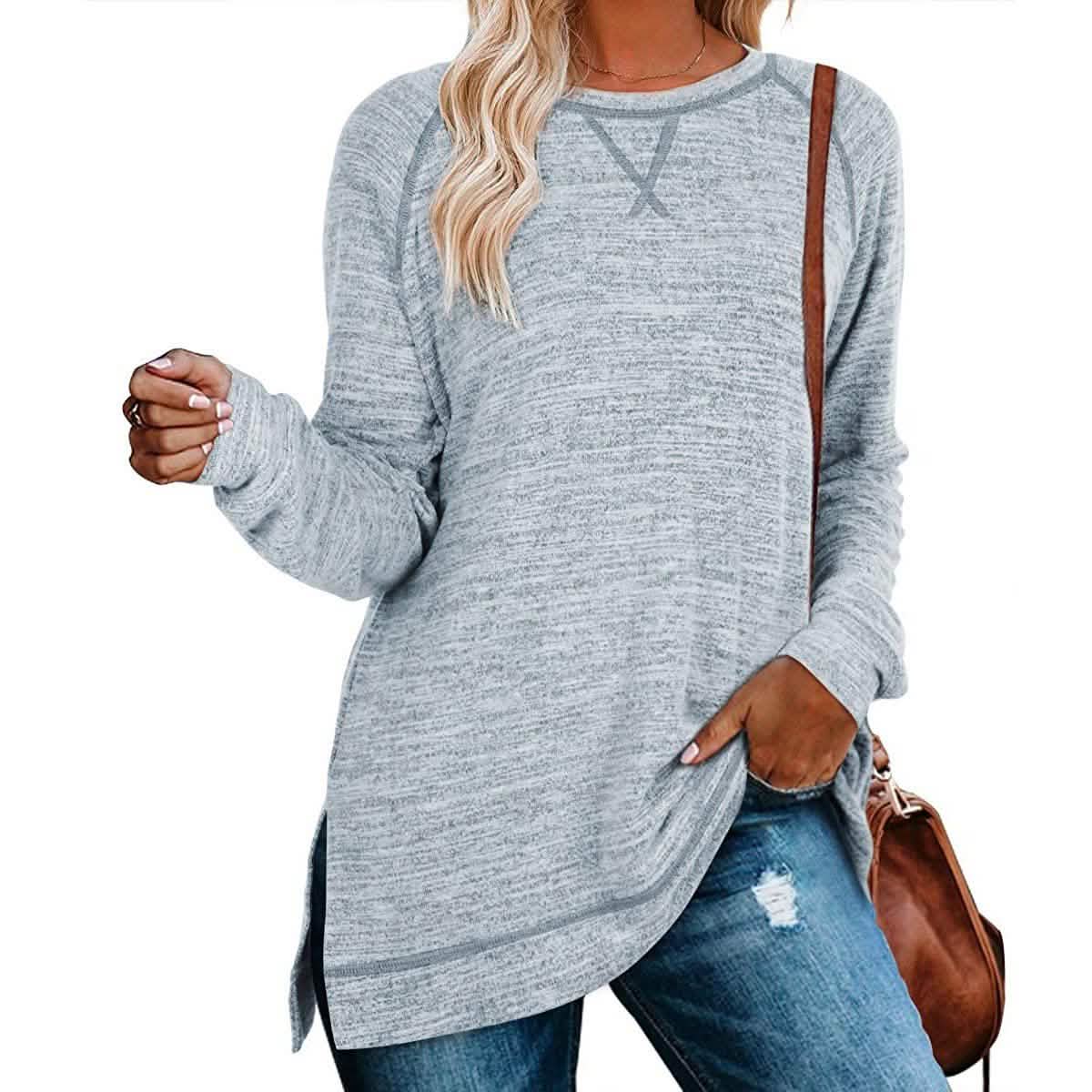 Women's Long Sleeve Loose Casual Autumn Pullover Side Slit Tunic Top