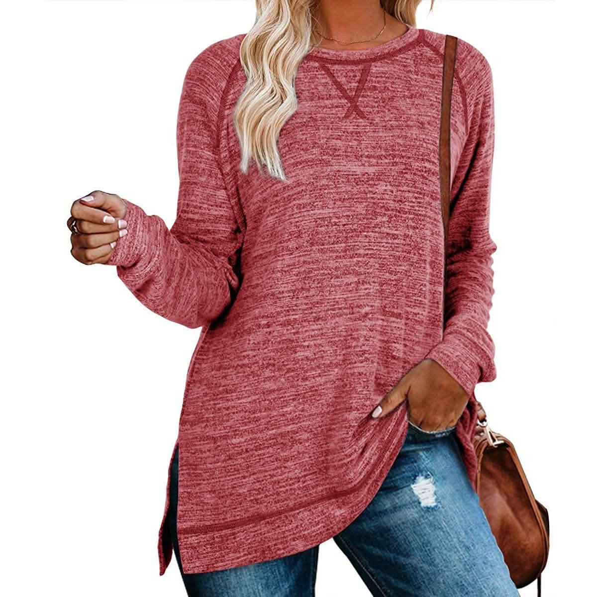 Women's Long Sleeve Loose Casual Autumn Pullover Side Slit Tunic Top